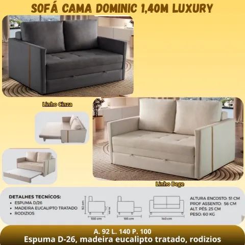 Sofá cama de 1.40m com tecido no linho 