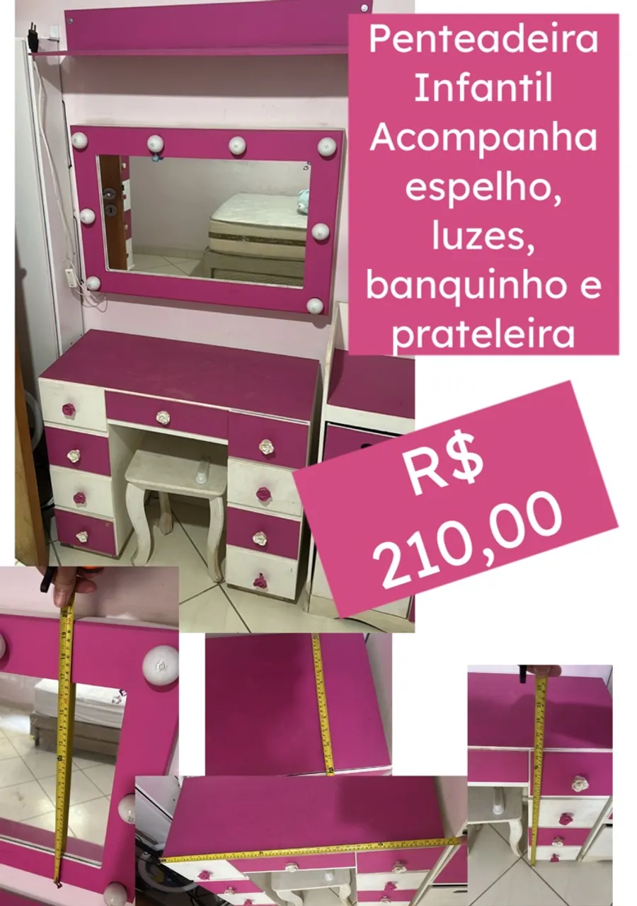 Penteadeira Infantil Completa com Espelho, Luzes e Banquinho