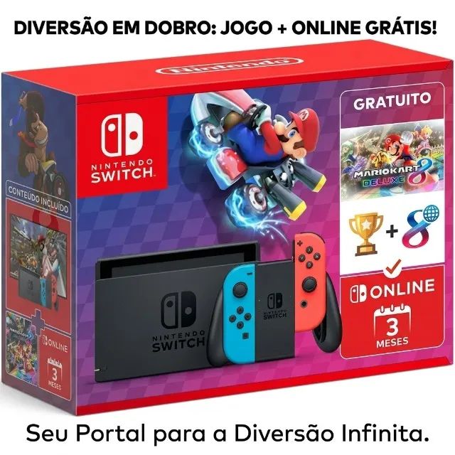 Console Nintendo Switch 32GB + Mario Kart 8 Deluxe - Vermelho/Azul