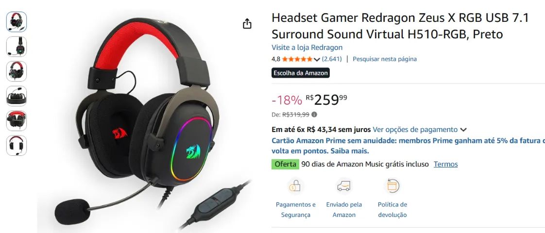 萌える53 Headset Gamer Redragon Zeus X RGB USB 7.1 Surround Sound Virtual