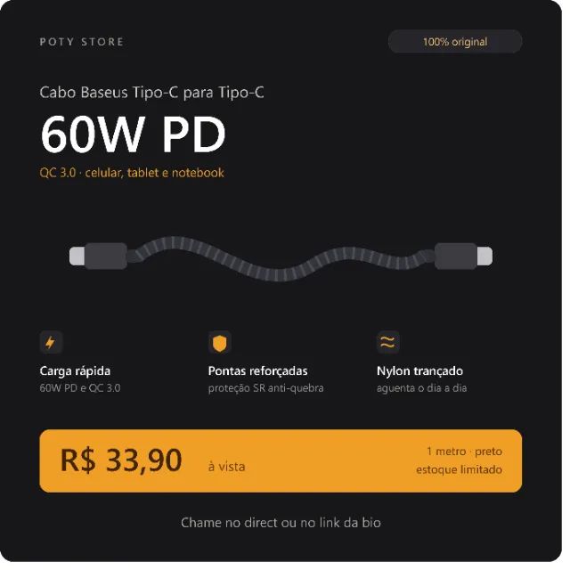 Cabo Baseus Tipo-C para Tipo-C 60W PD 1M - Foto 2