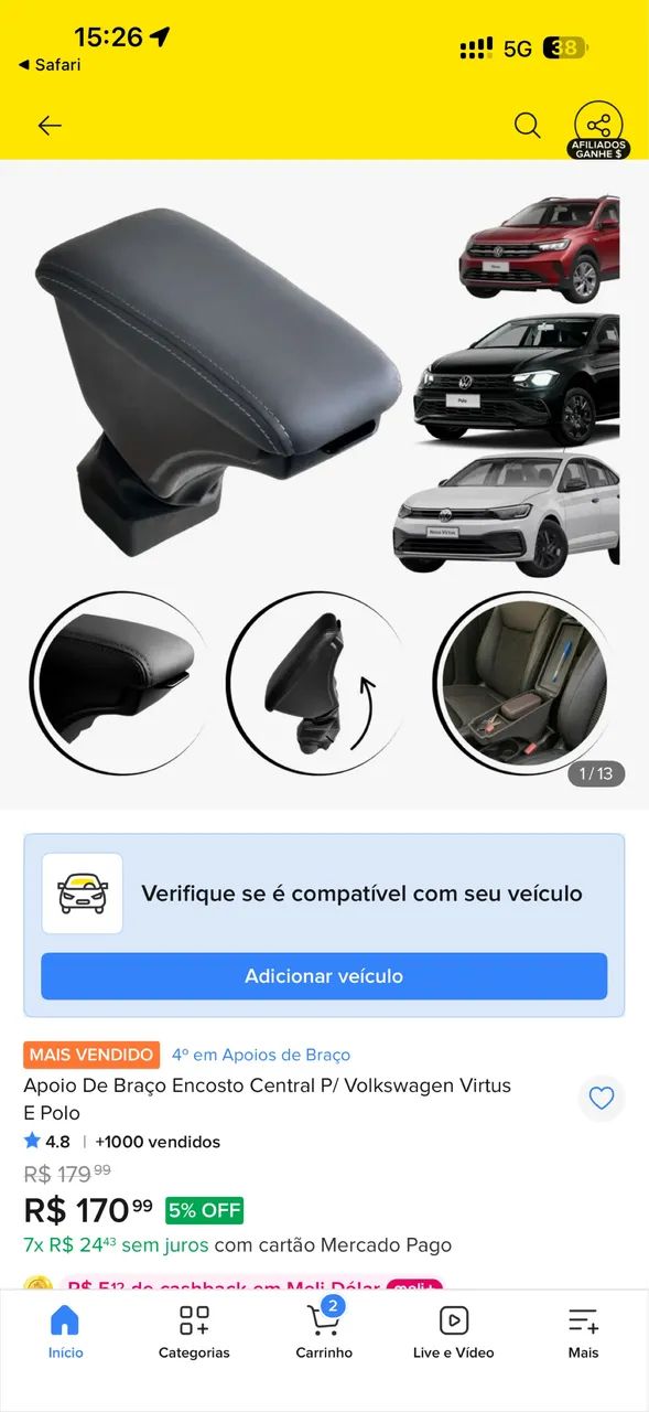 Apoio de braço Central