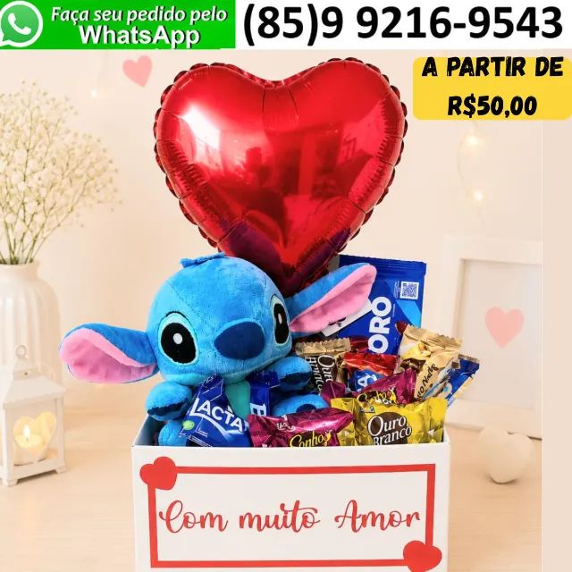 Kit Presente Dia dos Namorados com Pelúcia do Stitch Chocolates e Balão Coração