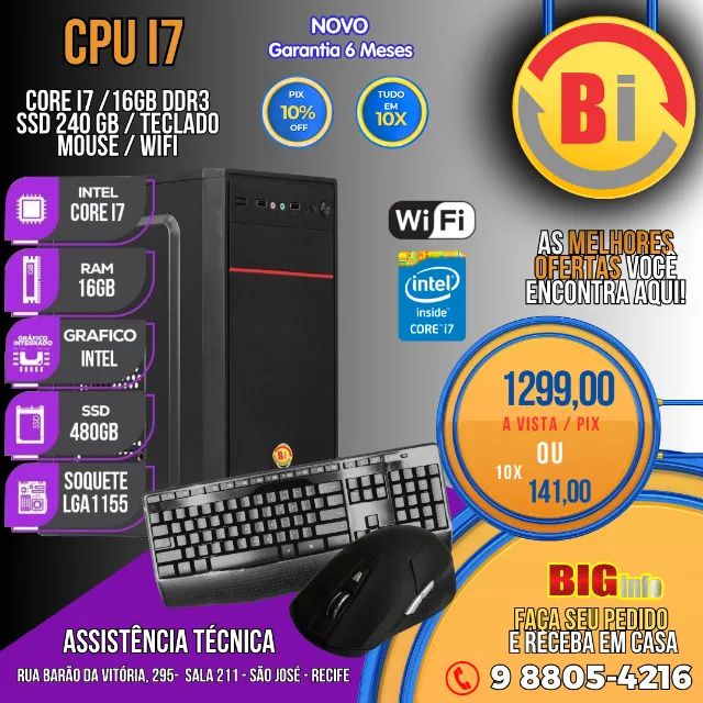 Computador Cpu BIG, Intel Core I7, 16gb De Memória Ram, Ssd 480gb  Teclado Mouse WIFI
