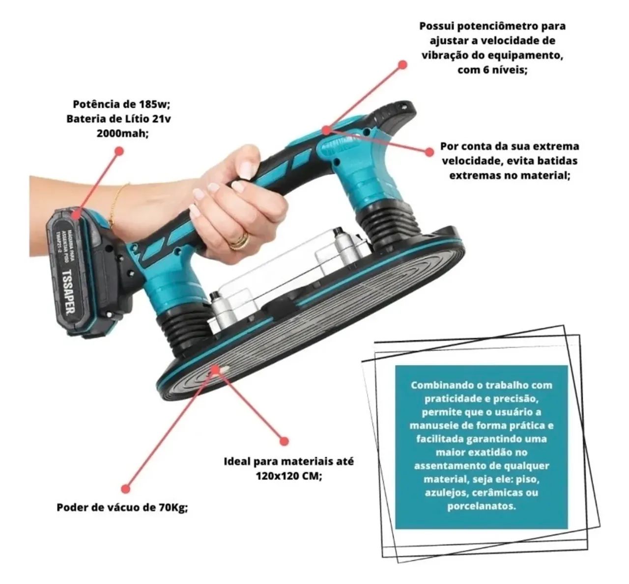 Máquina Para Assentar Piso Com Ventosa 21v 185w 2 Baterias 21v - Foto 5