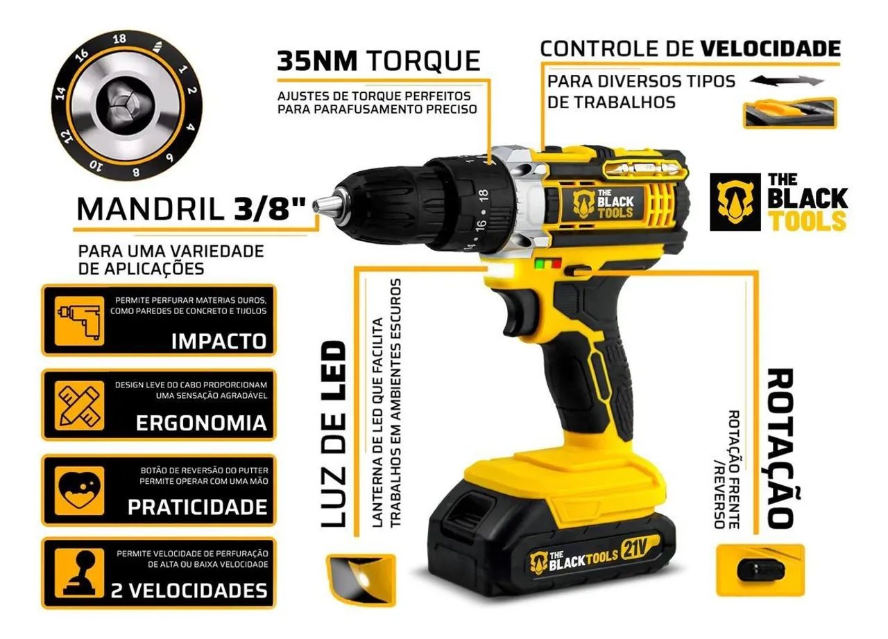 Furadeira e Parafusadeira Impacto Portátil The Black Tools 21v