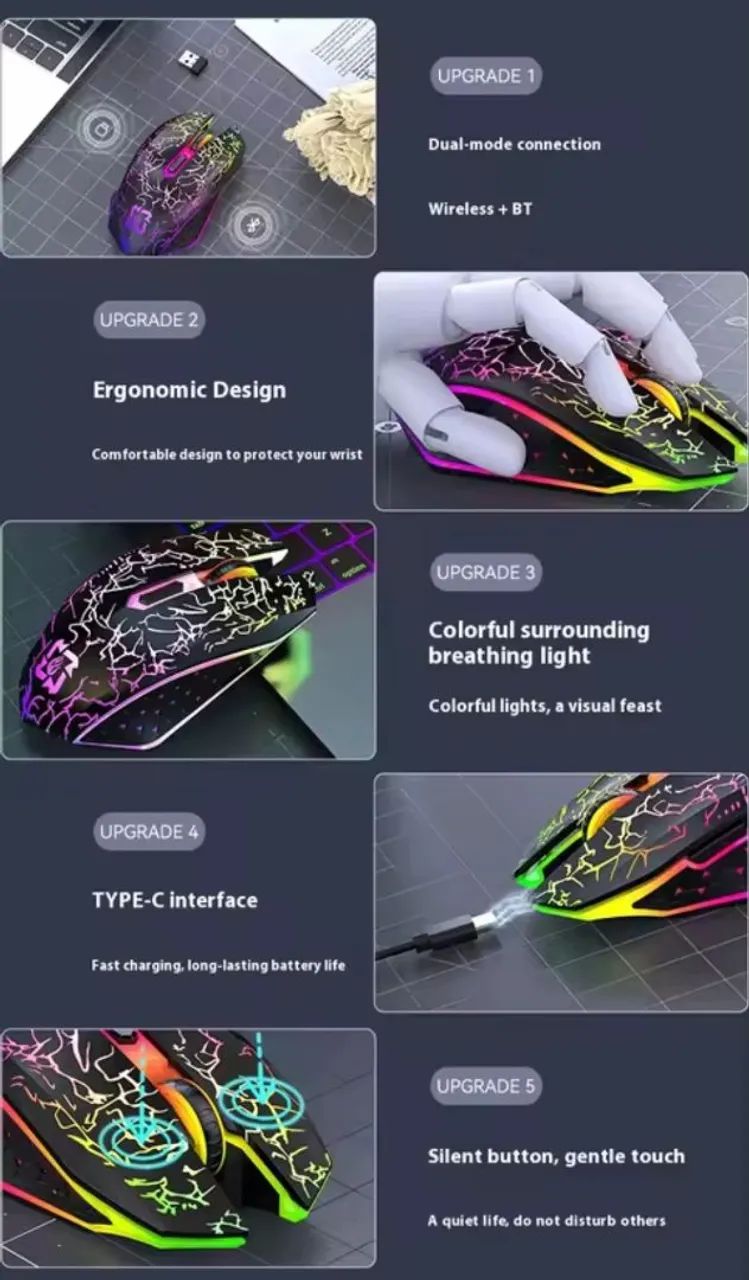 Mouse sem fio Recarregável RGB Bluetooth+Wireless 2,4gh - Foto 4
