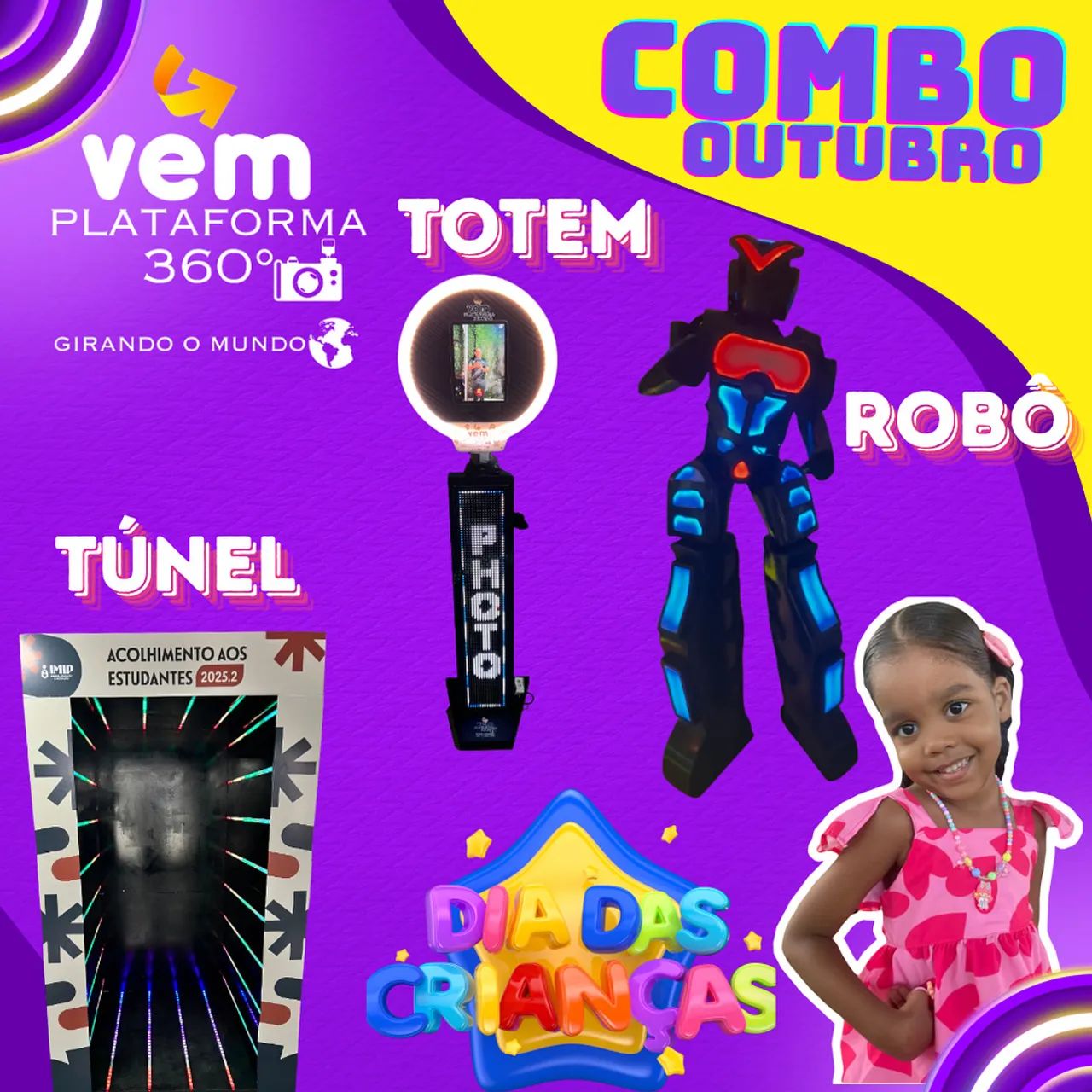 Cabine de foto , plataforma 360 , robô de led , túnel infinito 