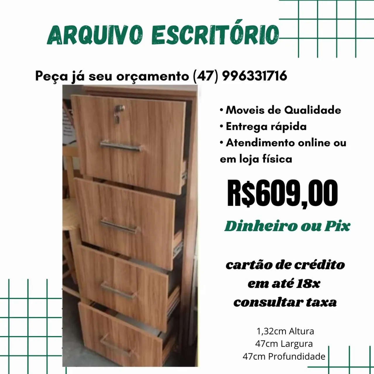 Gaveteiro de Escritório 4 Gavetas - 100%Mdf- R$609,00