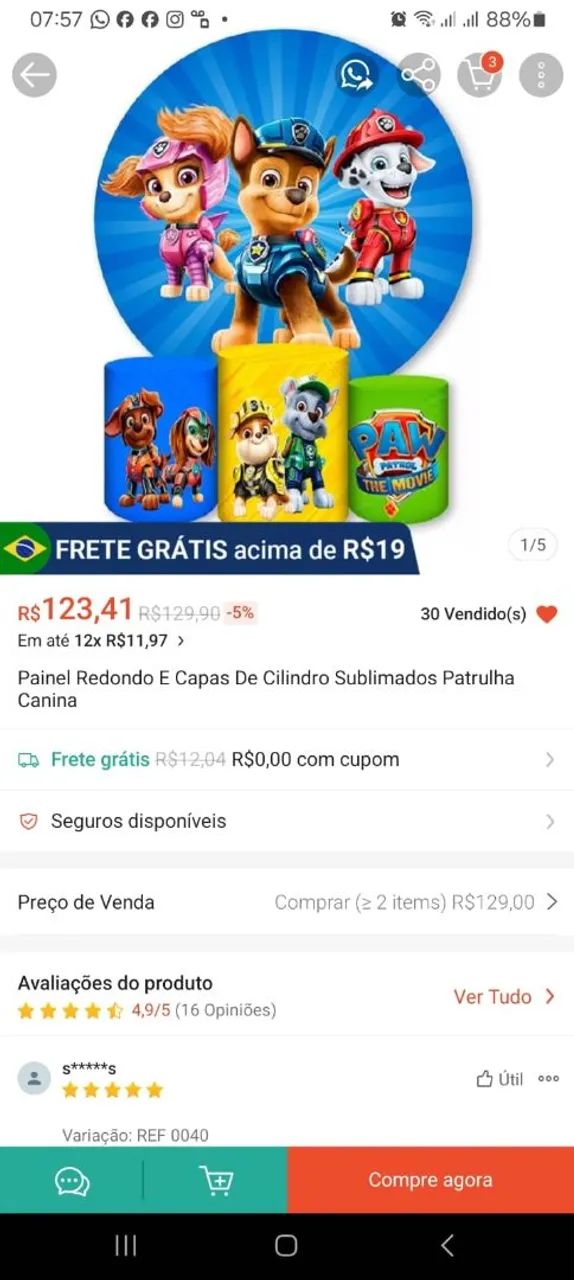 VENDO 3 CAPAS CILINDRO UMA DE PAINEL TEMA PATRULHA CANINA 
