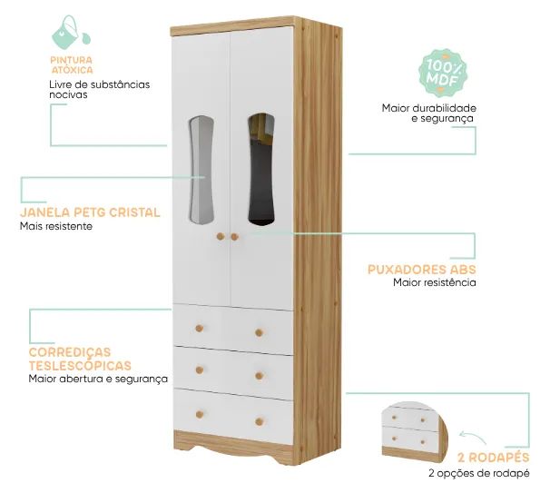 Roupeiro Infantil Luna Peroba 2 Portas, 100% MDF  - Foto 3