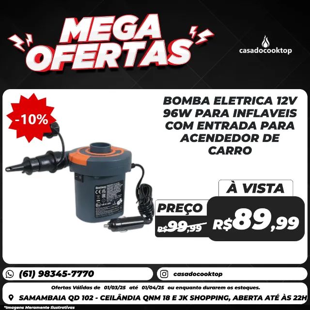 BOMBA ELETRICA 12V - 96W PARA INFLAVEIS COM ENTRADA PARA ACENDEDOR DE CARRO