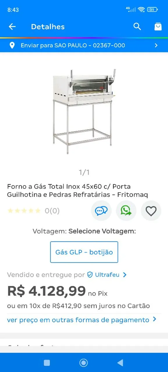 Forno a Gás Total Inox 45x60 c/ Porta Guilhotina
