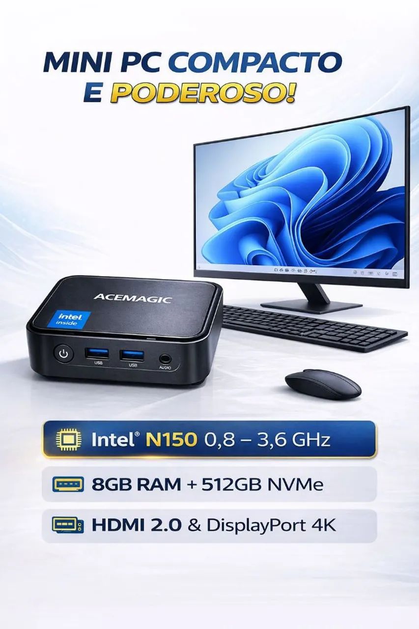 Mini PC Intel N150 13° geração 8gb ddr4 ssd 512gb nvme Hdmi