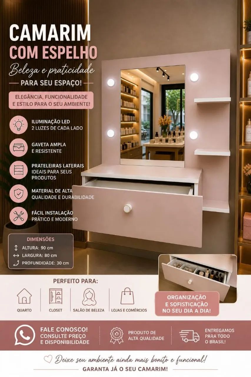Camarín com espelho e luz LED 