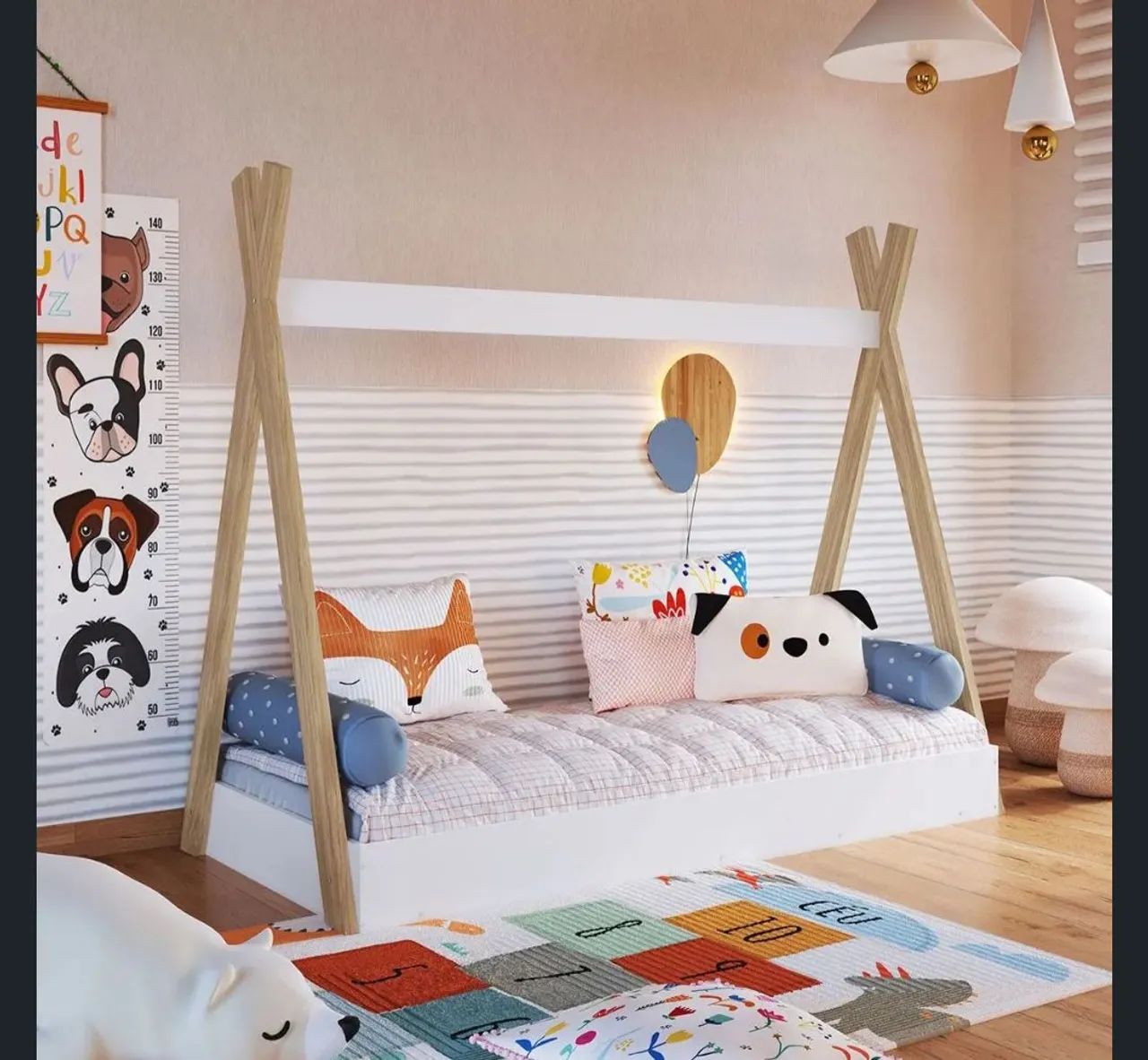 Cama montessoriana + colchão + 2 lençóis de elástico cinza