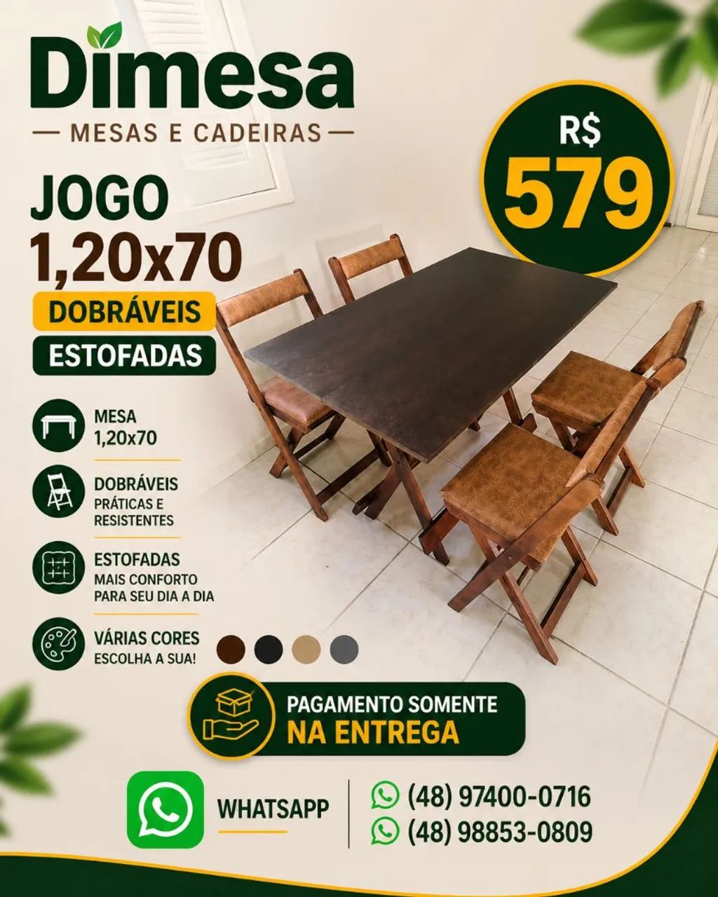 Kit mesa 1,20x70 4 cadeiras dobráveis estofadas diversas cores  - Foto 4