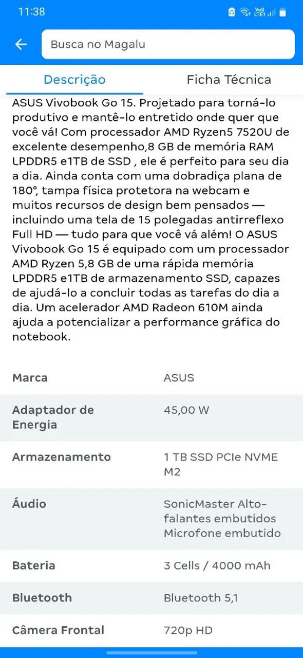 Notebook ASUS Vivobook Go 15 E1504FA AMD Ryzen 5 7520U 8GB Ram 1TB SSD - Foto 2