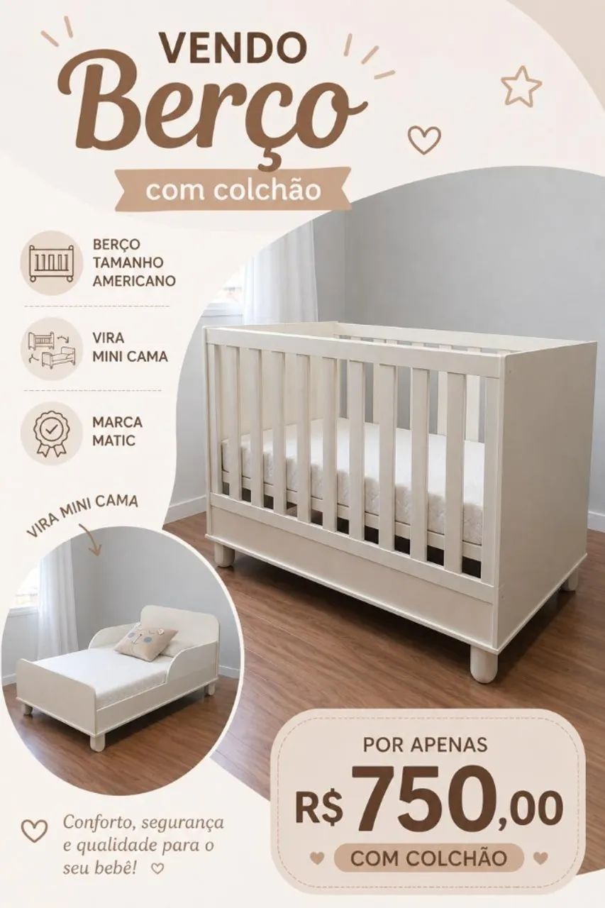 Berço que vira caminha de bebê.
