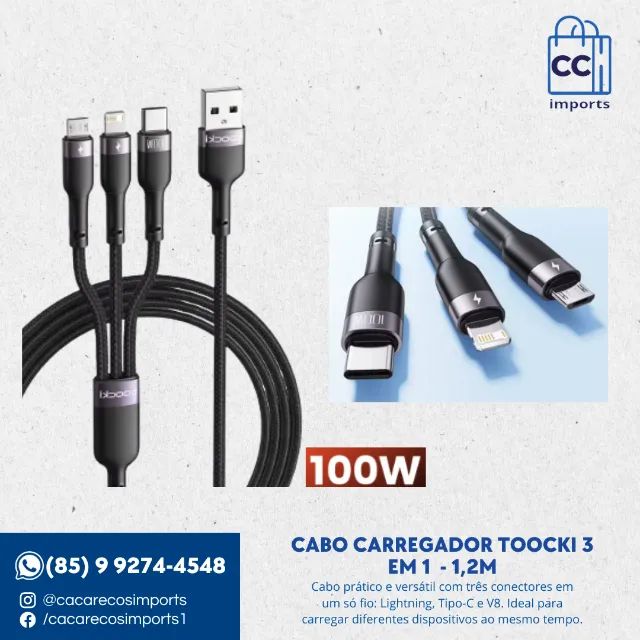  Cabo Carregador Toocki 3 em 1 - Usb para Lightning, Tipo-C e V8 - 1,2m