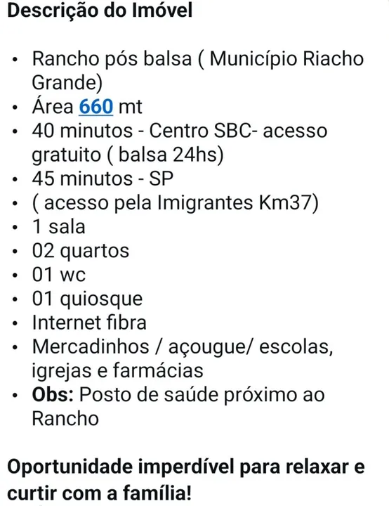Chacara pos balsa riacho gde