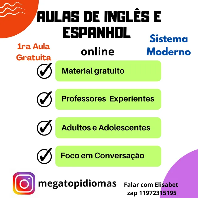 Cursos de Espanhol e Inglês - Particular e Turmas -online - 1 Aula Grátis