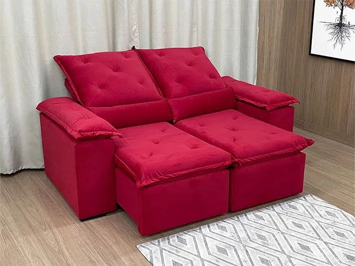 Sofá Retrátil 2 Lugares 2 Metros Veludo Vermelho Acari - Foto 2