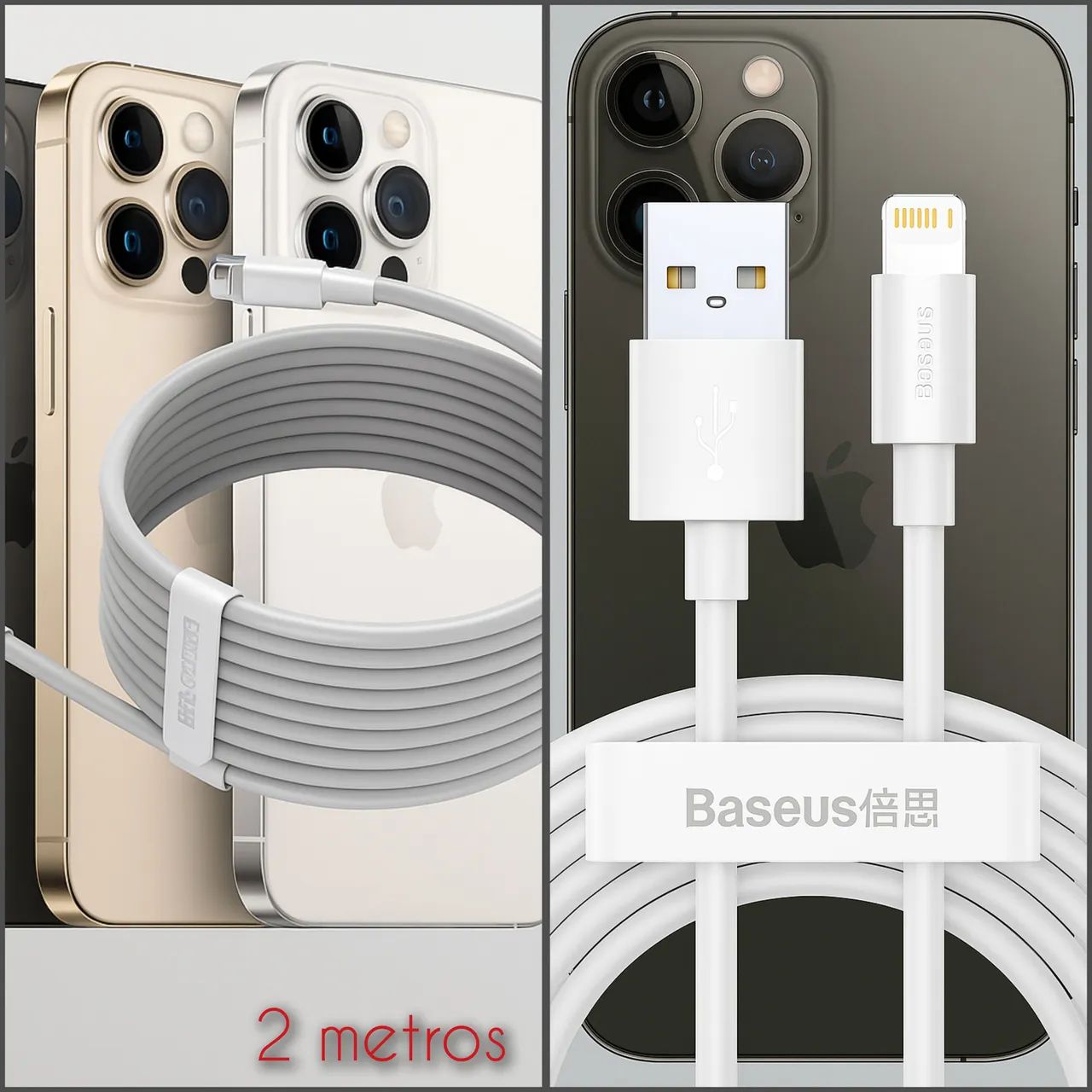 Cabo Lightning com USB  Baseus 2 Metros - Carregamento Rápido