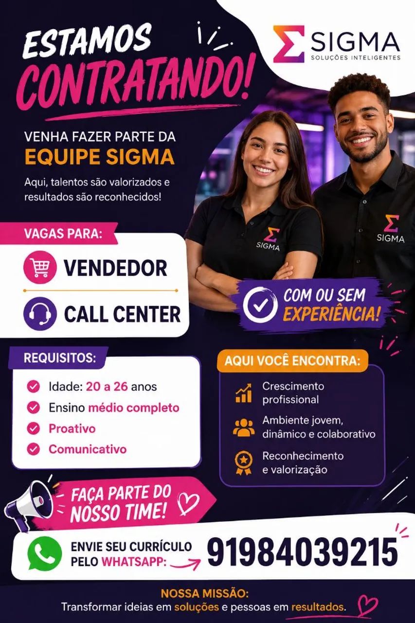 VAGAS DISPONÍVEIS PARA VENDEDOR E CALL CENTER 