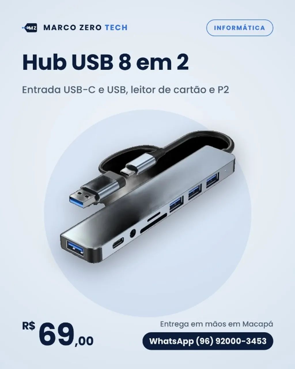 Hub USB 8 em 2 com Leitor de Cartão e P2