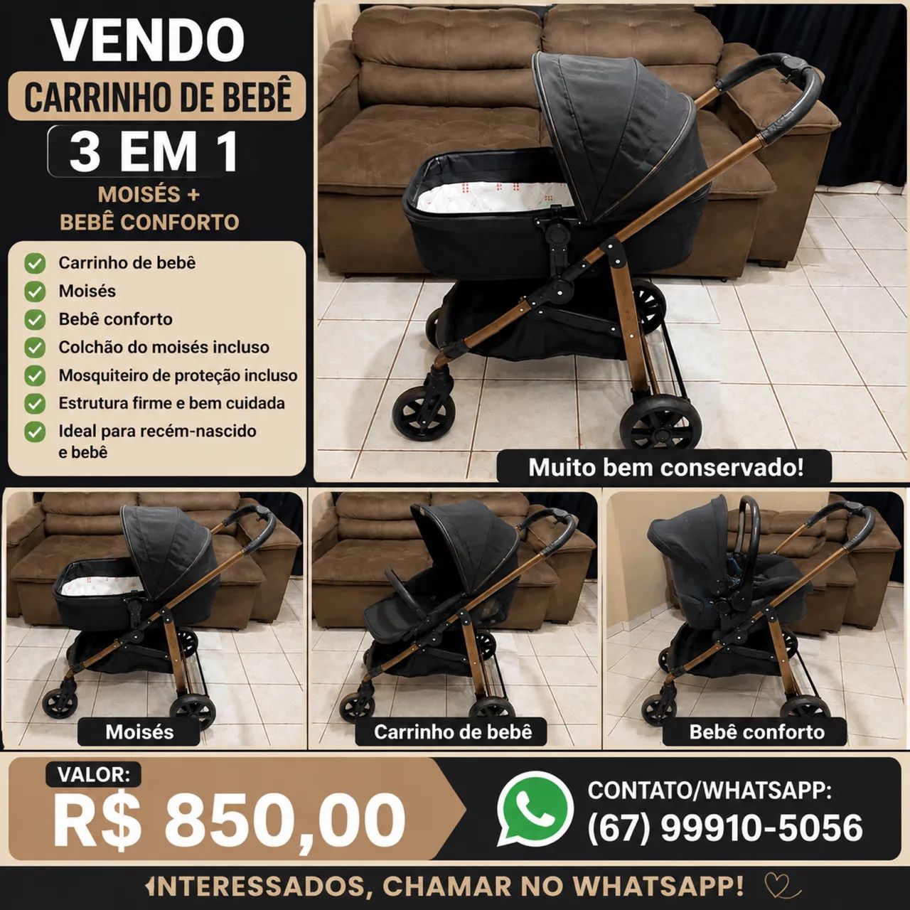 Carrinho de bebê com bebê conforto 