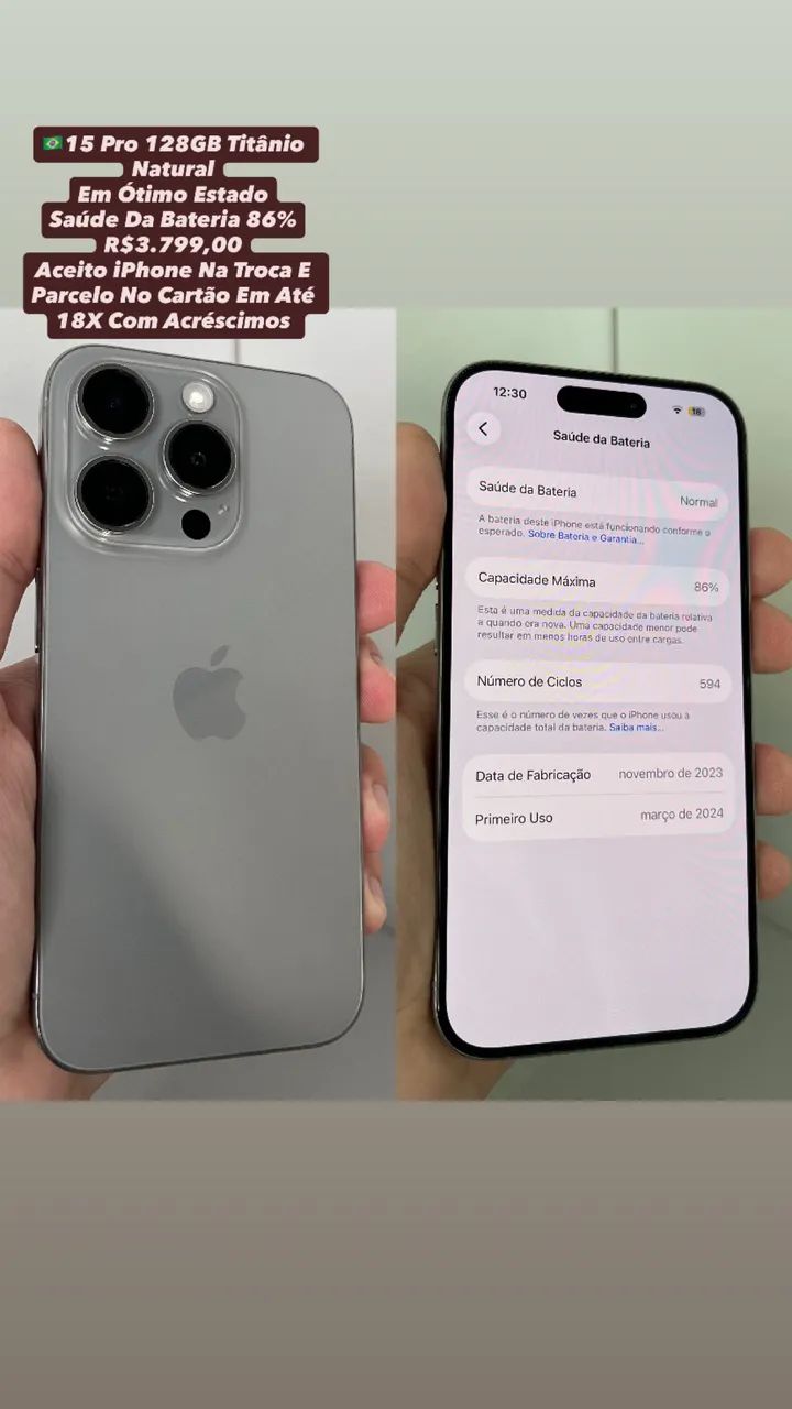 used　iPhone 15pro　128GB iPhone 15 Pro 128GB Natural | Saúde Da Bateria 86% Usado