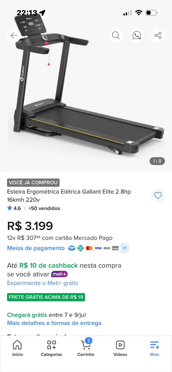 Esteira ergométrica gallant elite 2.8 Velocidade 16km 220 v ( comprada dia 16 abril)