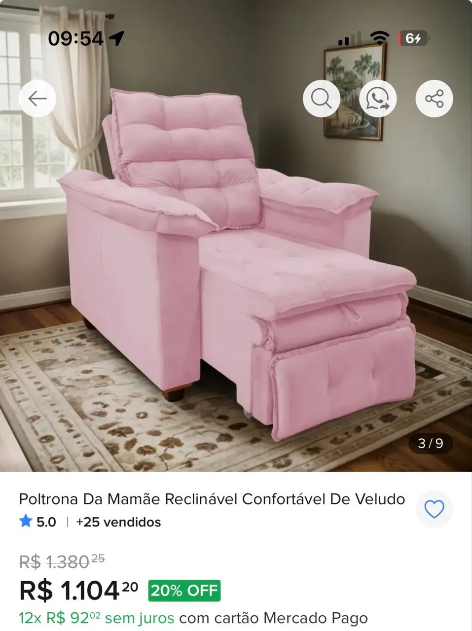 Poltrona Da Mamãe Reclinável Confortável De Veludo  - Foto 5