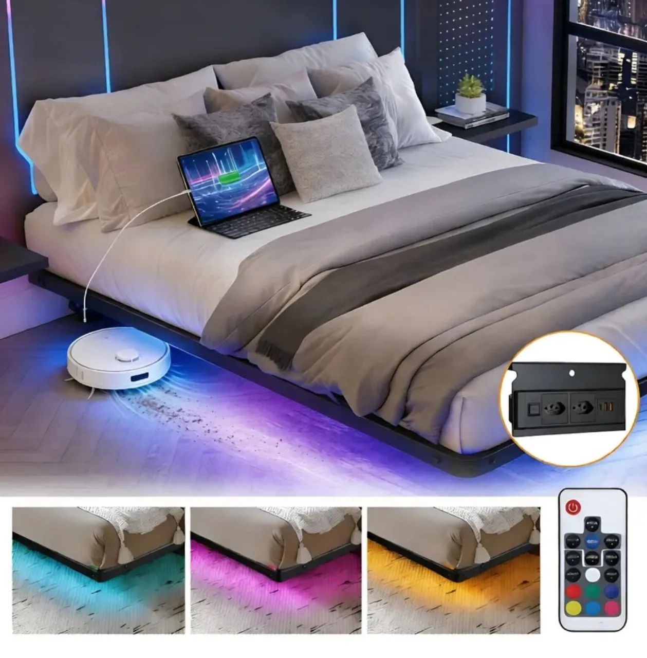 Cama suspensa com led e tomadas 