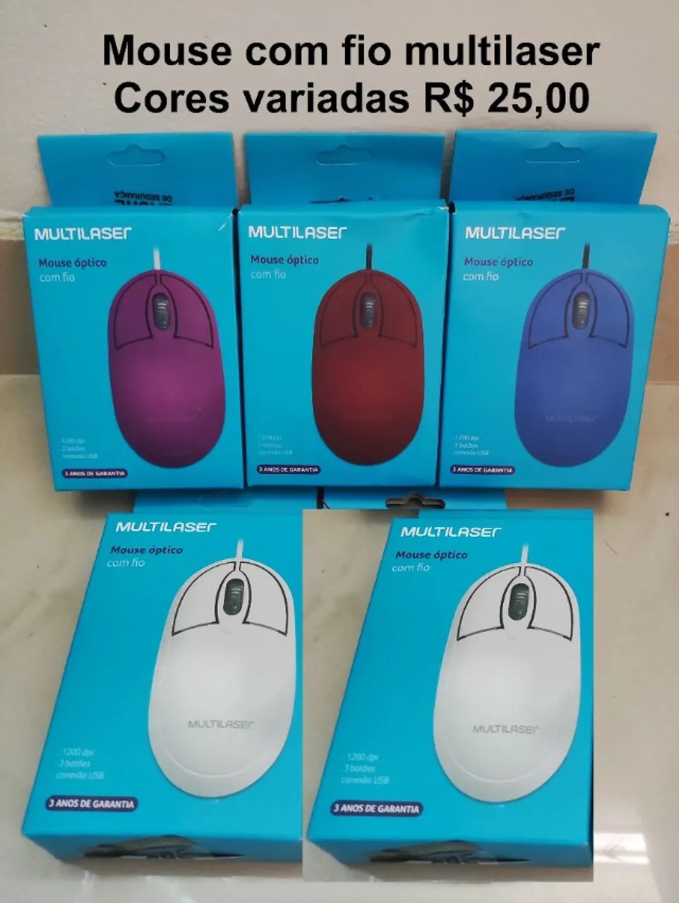 Mouse com fio multilaser - novo - cores diversas