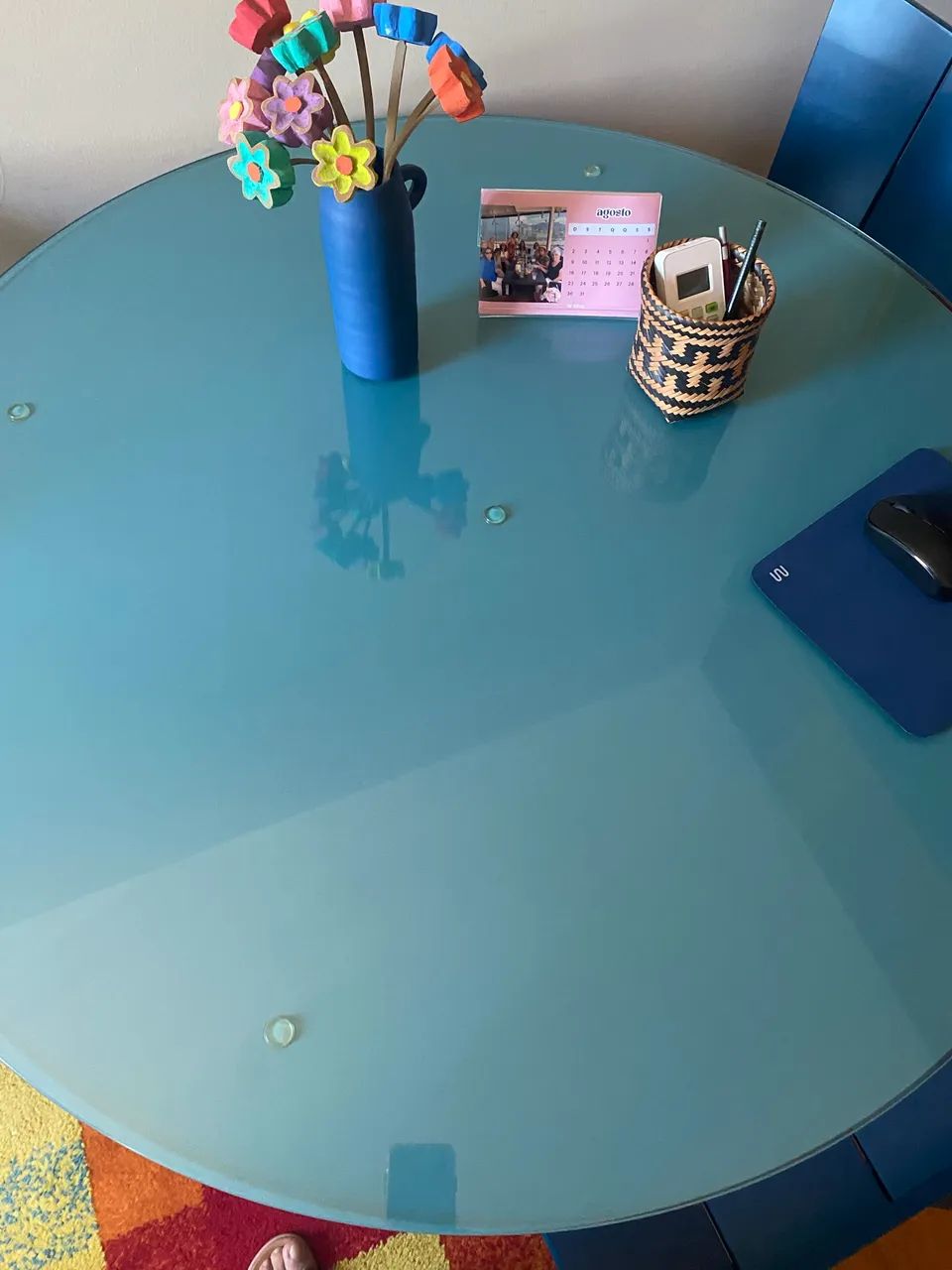 Conjunto três cadeiras Uma e mesa laqueada azul 98 cm, marca Oppa - Foto 5