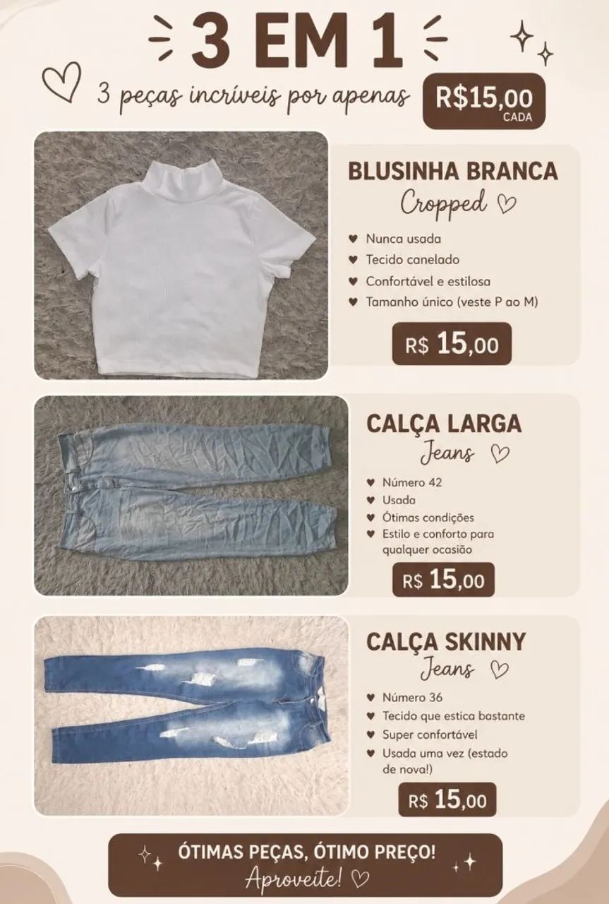 3 peças 15 reais cada