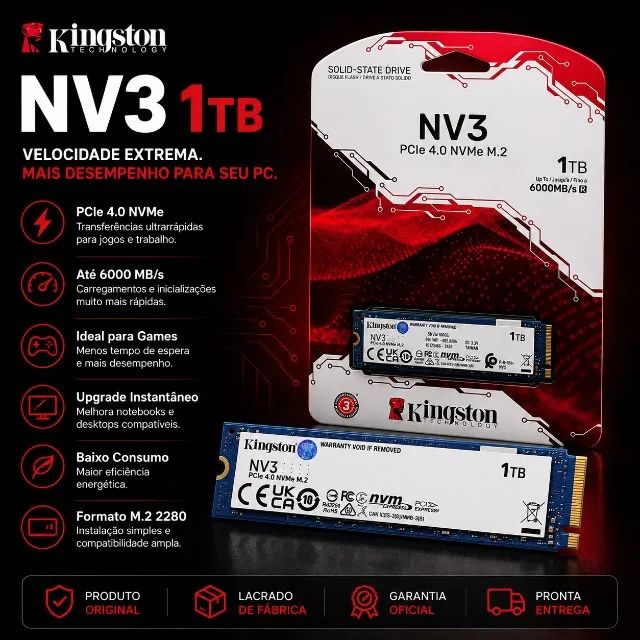 Kingston NV3 1TB NVMe M.2 Upgrade Rápido Para PC e Notebook