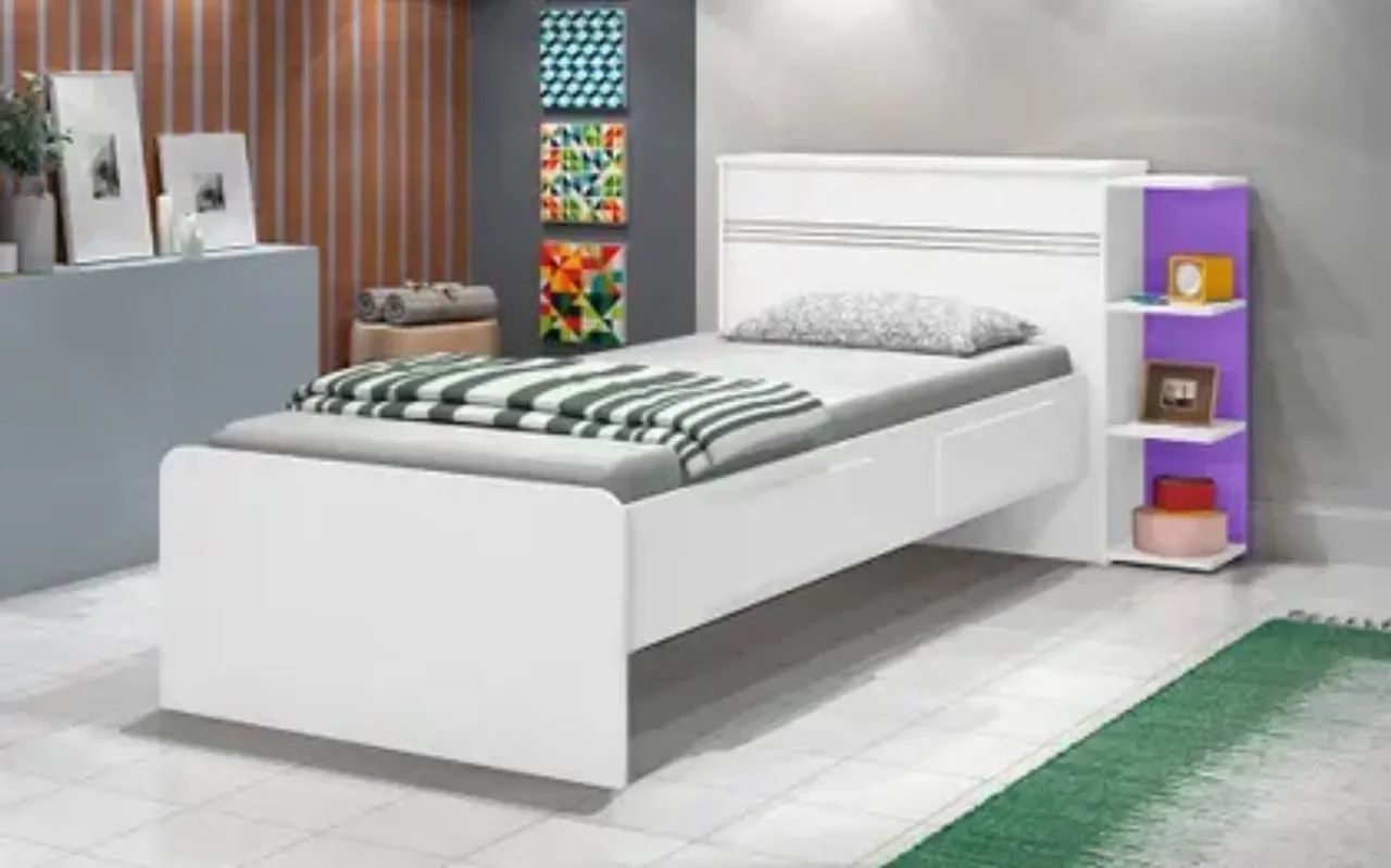 Cama Solteiro Com Baú 2 Gavetas Infantil Branco/Lilás 