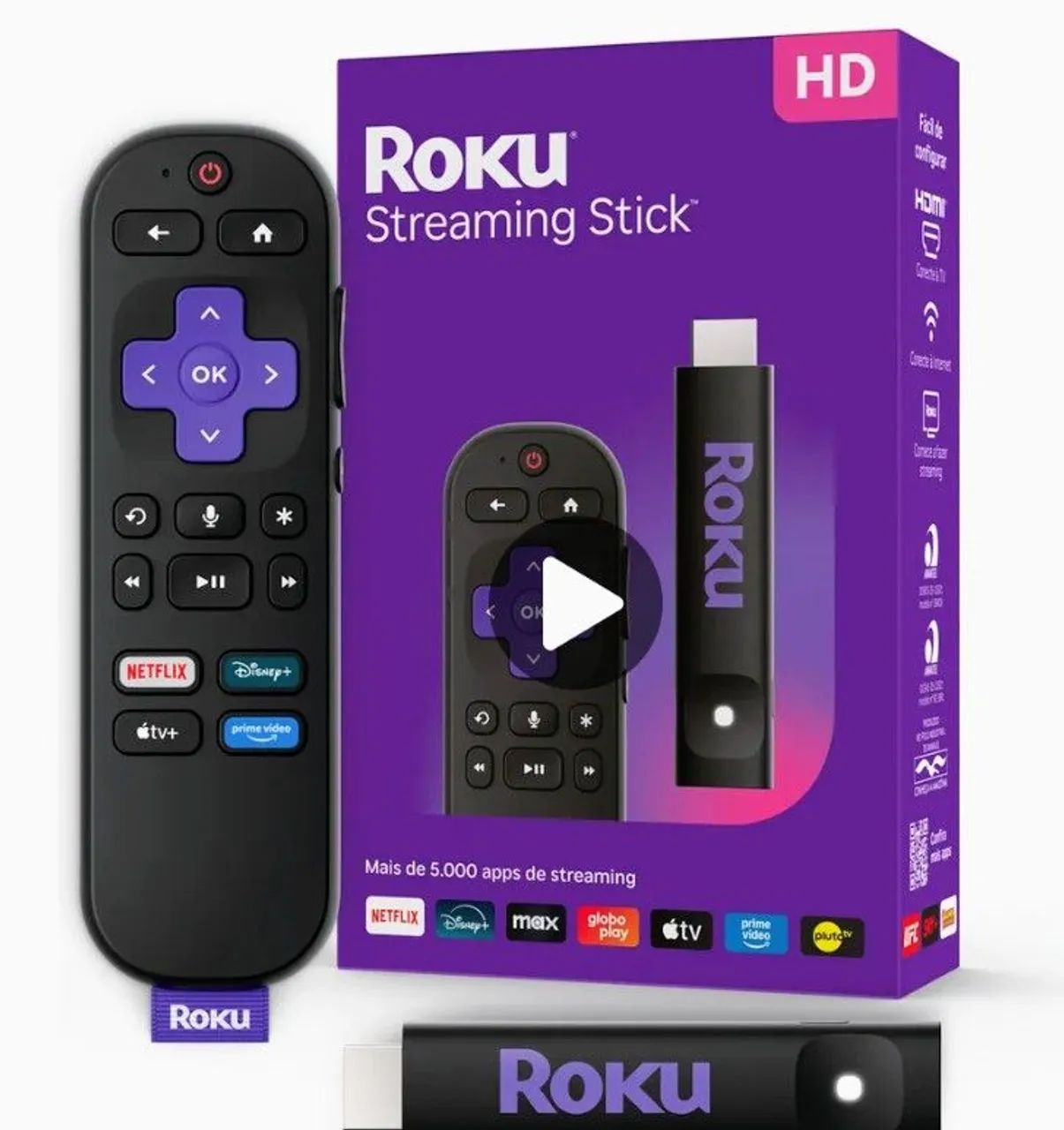 Aparelho conversor Roku, aplicativos Netflix, etc..