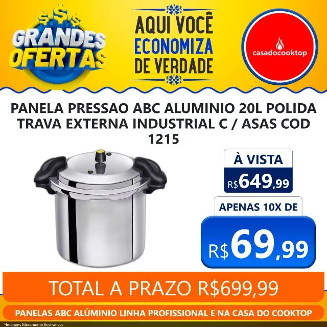 Panela pressao abc aluminio 20l polida trava externa industrial c/asas cod 1215