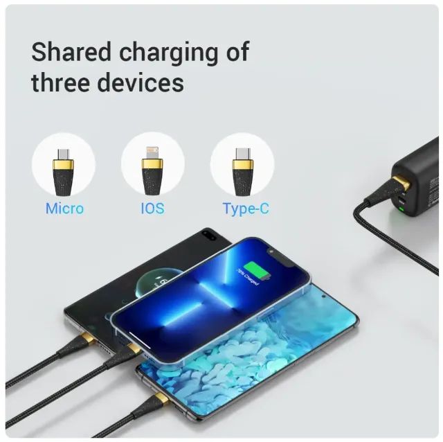 Cabo de carregamento 3 em 1 (tipo c, micro usb e Lightning) 6a - 100w asometech 2m - Foto 3