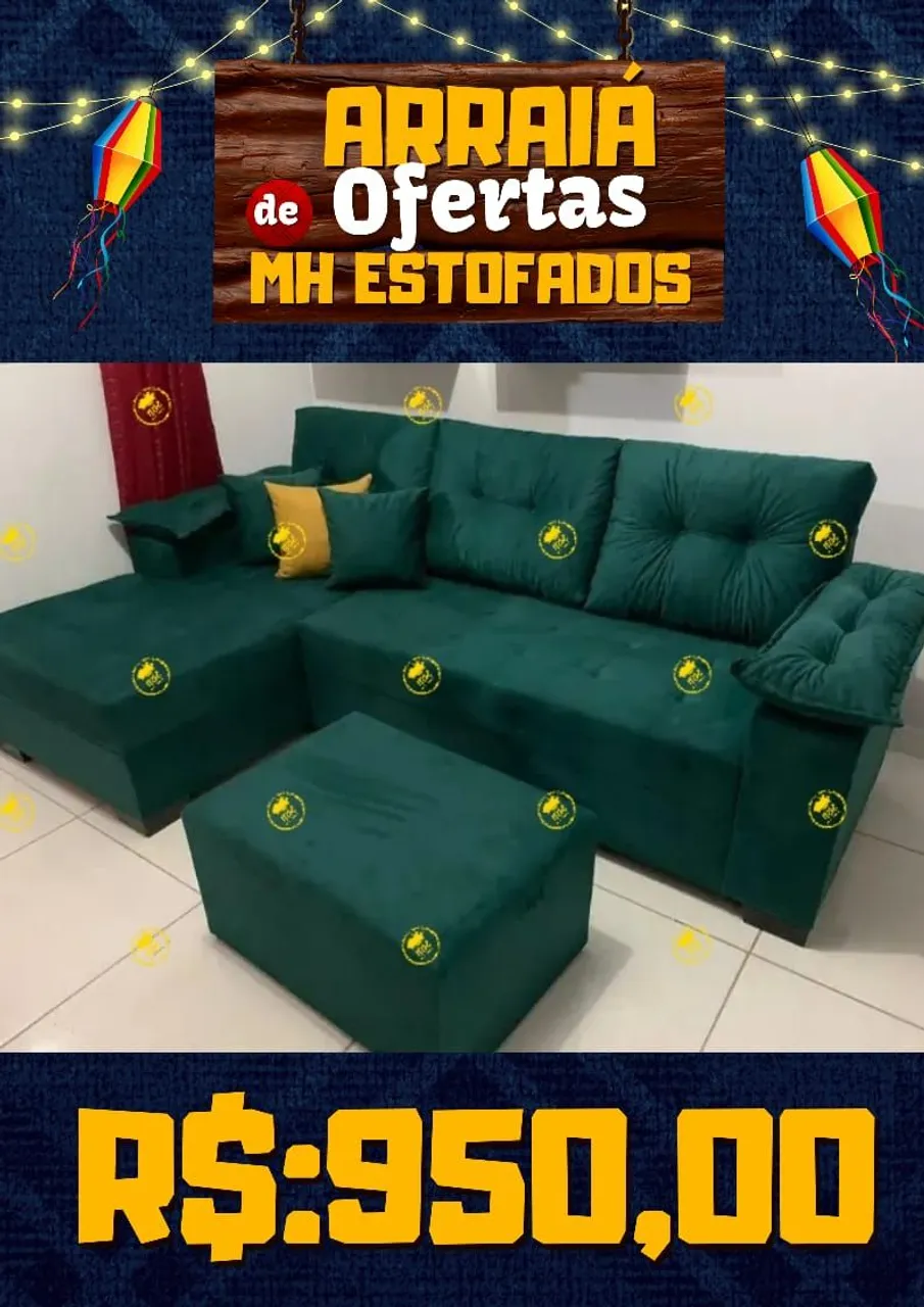 Sofá de canto verde com puff - Oferta Arraiá MH Estofados
