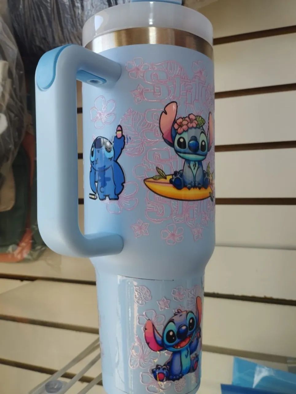 Copo Térmico 1L Stitch - Azul com Canudo e Alça - Foto 3