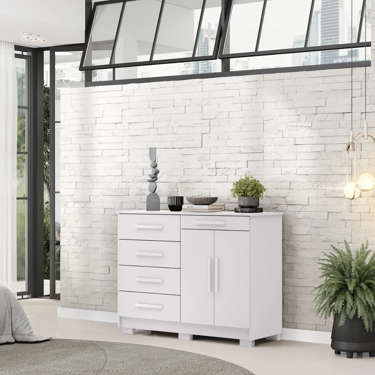 Cômoda Branca Moderna com Gavetas e Portas