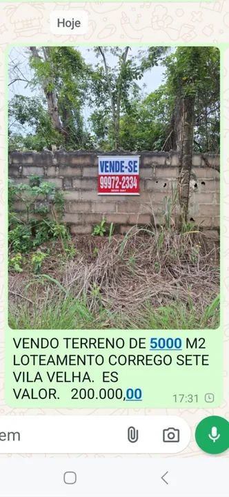 VENDO: Terreno 5.000 m² - Corrego Sete - Vila Velha/ES