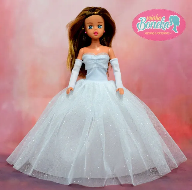 Vestido noiva brilho + luvas Para Boneca Susi Antiga