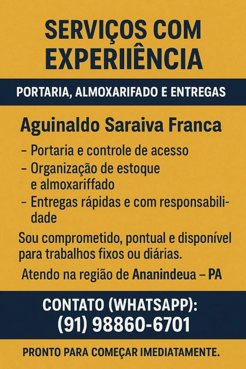 SERVIÇOS COM EXPERIÊNCIA - PORTARIA, ALMOXARIFADO E AUXILIAR DE MECÂNICO A DIESEL