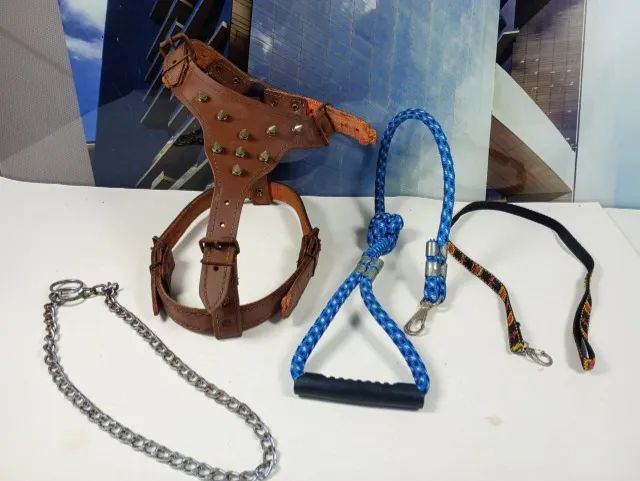 Kit Acessórios Cães Médio/Grande Porte (Peitoral Couro com Spikes + Guia Corda + Enforcado